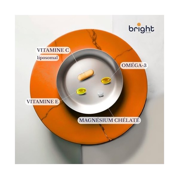 Ensemble: Vitamine C + Oméga-3 + Magnésium + Vitamine E – Hauts Dosages, 100% Naturel | Bright Naturo | 28 Sachets Quotidiens