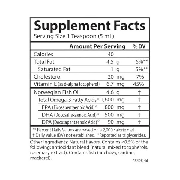 Huile de poisson liquide, citron naturel, 1600 mg, huile de poisson Nowregian, 200 ml