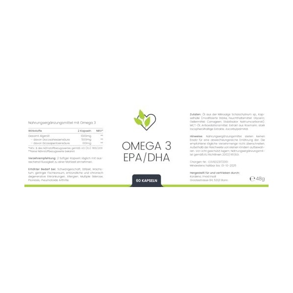 Omega 3 végétalien avec EPA/DHA - 60 gélules hautement dosées - Végétalien, sans gluten et sans lactose - Sans OGM et sans ad
