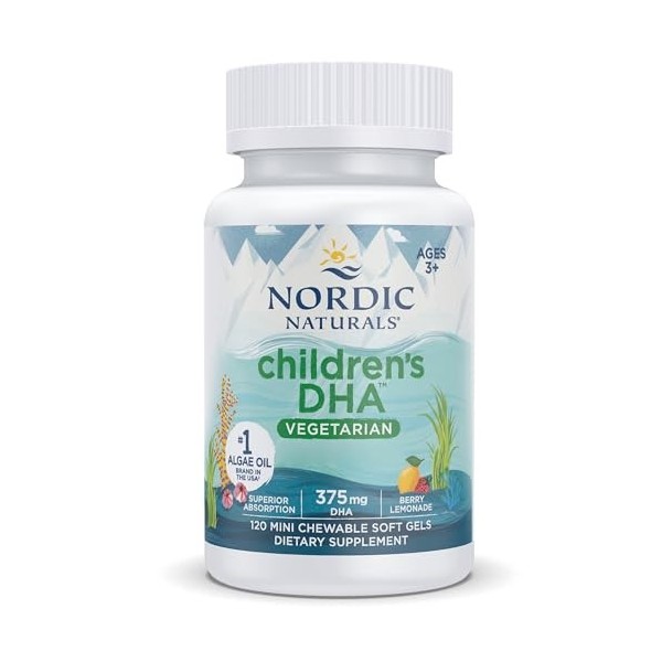 Nordic Naturals, Vegetarian Childrens DHA, 375mg dOméga-3 dHuile dAlgues, avec EPA et DHA, 120 Capsules molles végétalien