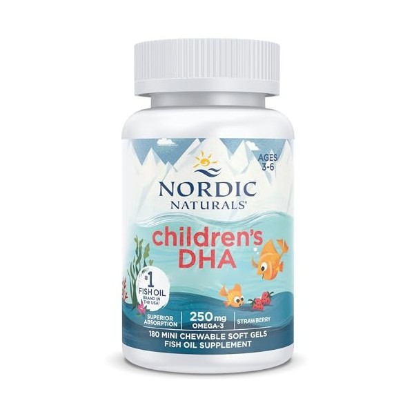 Nordic Naturals, Childrens DHA, 250mg dOméga-3 dHuile de Foie de Morue, Arôme Fraise, avec EPA et DHA, 180 Capsules molles