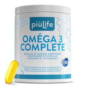 Omega 3 IFOS 5 étoiles Certifié Avec Vitamine D3 2000 UI Et E PiùLife, 120 Softgels, Huile De Poisson Omega 3 DHA EPA 2000 mg