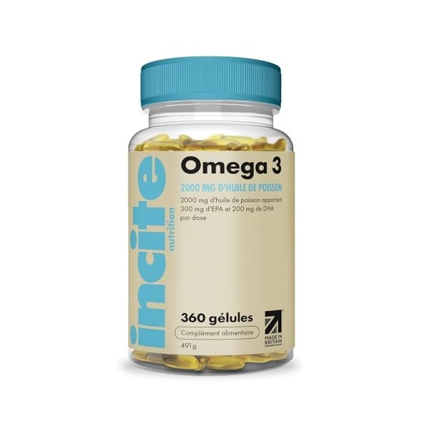 Incite Nutrition Omega3 Huile de Poisson Gélules 2000 mg. 360 Doses, Stock pour 6 Mois d’Acides Gras Omega 3 DHA EPA Puissant...