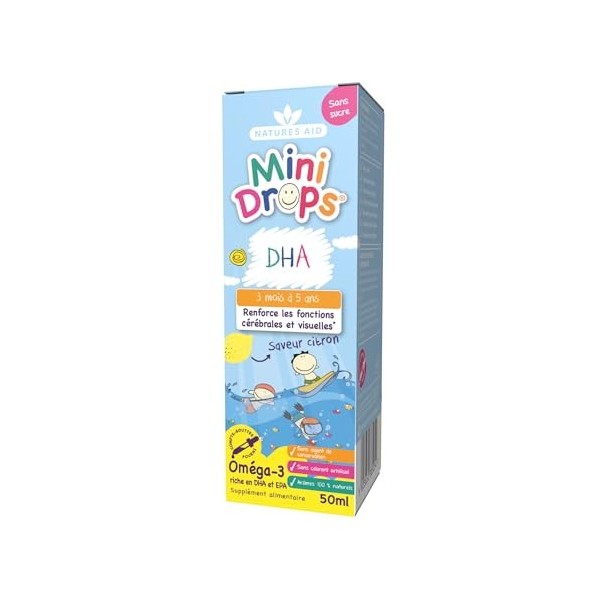 Natures Aid Mini Drops Supplément Liquide Oméga-3 DHA et EPA pour Nourrissons et Enfants, Sans Sucre, 50ml Oméga-3