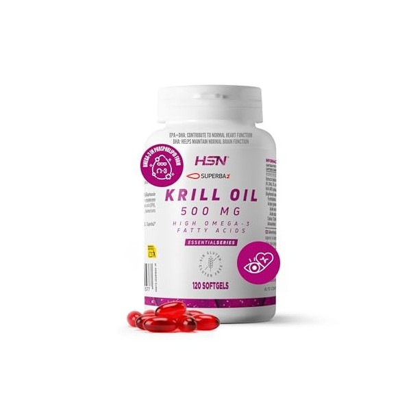 HSN Huile de krill Omega 3 500 mg Superba2 | 120 perles | haute en phospholipides 40 % | EPA et DHA pour cœur et cerveau |