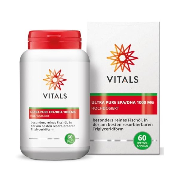 Vitals - Ultra Pure EPA/DHA 1000mg 60 gélules de softgel.Hautement dosé avec 570mg dEPA et 430mg de DHA par gélule de softge