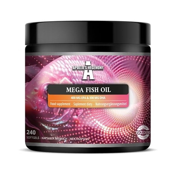 Mega Fish Oil 1000 mg par gélule - 240 softgels - 8 mois dapprovisionnement - Pour la santé du cœur, du cerveau et de la vis