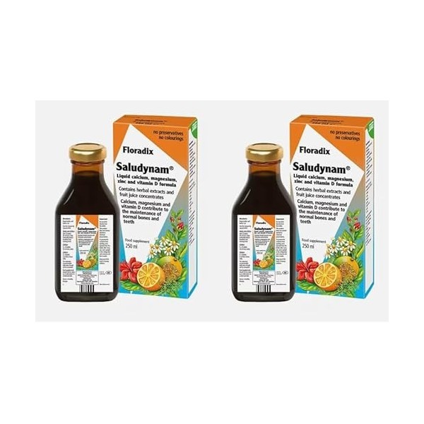 Calcium liquide Saludynam, formule magnésium, zinc et vitamine D, sans gluten, sans lactose, 2 x 250 ml, lot de 2, 500 ml au 