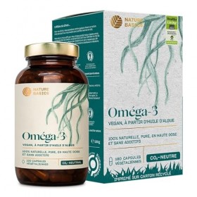 Nature Basics® Huile dalgues Oméga 3 végétalienne | 120 ! gélules hautement dosées dans un bocal en verre | certifié durab