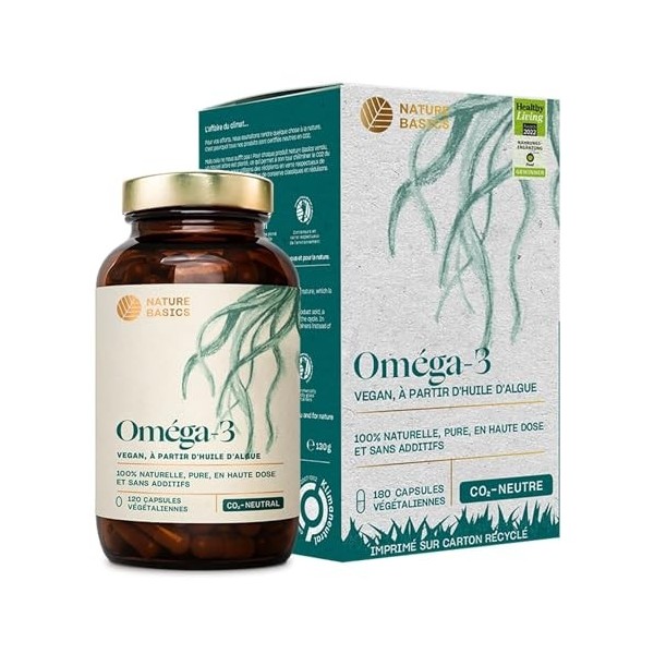 Nature Basics® Huile dalgues Oméga 3 végétalienne | 120 ! gélules hautement dosées dans un bocal en verre | certifié durab