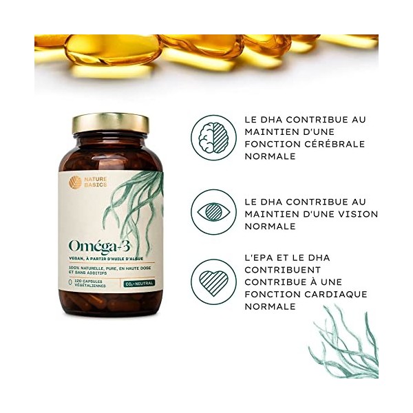 Nature Basics® Huile dalgues Oméga 3 végétalienne | 120 ! gélules hautement dosées dans un bocal en verre | certifié durab