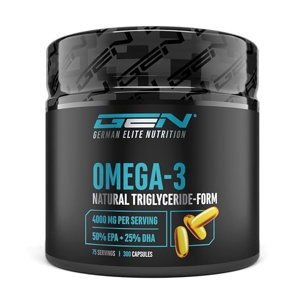 Omega 3 hautement dosé avec 4000mg - 300 gélules - Huile de poisson avec 80% dacides gras dont 2000mg EPA & 1000mg DHA - For