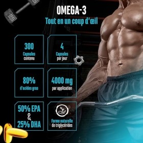 Omega 3 hautement dosé avec 4000mg - 300 gélules - Huile de poisson avec 80% dacides gras dont 2000mg EPA & 1000mg DHA - For