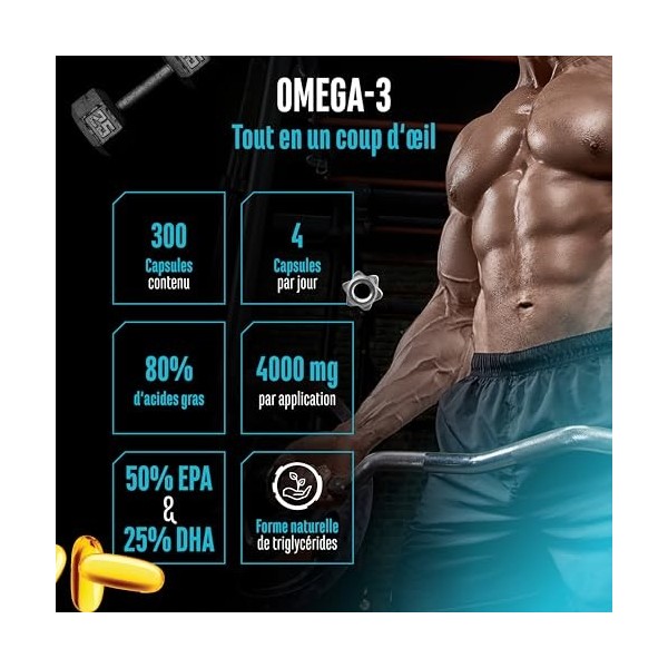 Omega 3 hautement dosé avec 4000mg - 300 gélules - Huile de poisson avec 80% dacides gras dont 2000mg EPA & 1000mg DHA - For