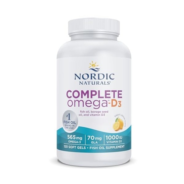 Nordic Naturals, Complete Omega-D3, 565mg, avec Oméga-6, Oméga-9 et Vitamine D3, Haute Dosé, Goût Citron, 120 Capsules molles