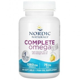 Nordic Naturals Complete Omega Xtra, 1360mg, Avec huile de bourrache et GLA, 60 Capsules molles, Goût de citron, Sans Soja, S