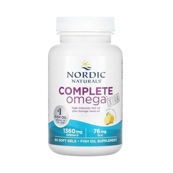 Nordic Naturals Complete Omega Xtra, 1360mg, Avec huile de bourrache et GLA, 60 Capsules molles, Goût de citron, Sans Soja, S
