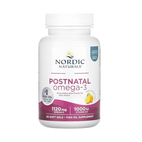 Nordic Naturals, Postnatal DHA, 1120mg dOméga-3 avec EPA, DHA et Vitamine D3, Haute Dosé, Goût Citron, 60 Capsules molles, T