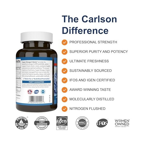 Carlson Labs - Super Omega-3 Gems Huile de poisson, 100 + 30 Capsules Gratuites