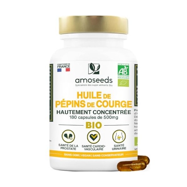 Huile de Pépins de Courge BIO | Prostate, Santé urinaire | Huile pressée à froid | 180 capsules végétales, vegan | Conditionn