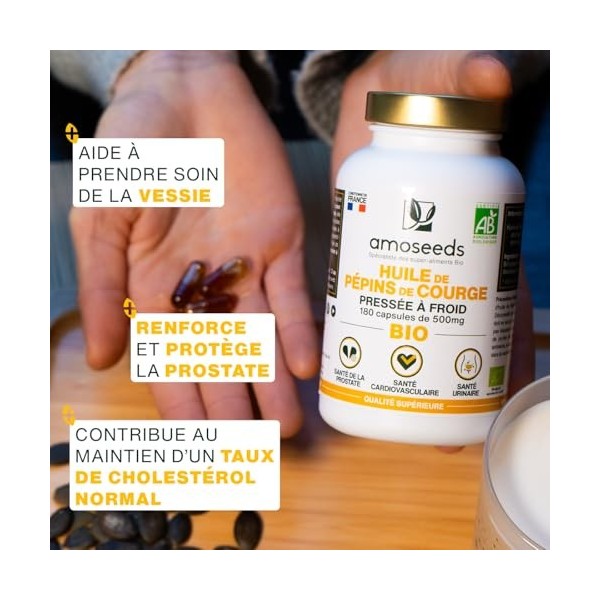 Huile de Pépins de Courge BIO | Prostate, Santé urinaire | Huile pressée à froid | 180 capsules végétales, vegan | Conditionn