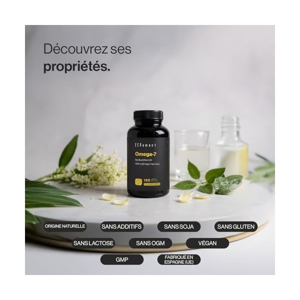 Omega‑7 - Végan - 1200 mg d’Huile d’Argousier dont 300 mg d’Omega‑7 Acide Palmitoléique par Dose Quotidienne - Capsules - 2