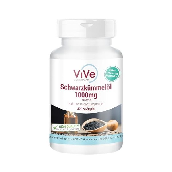 Huile de nigelle 1000mg - 420 gélules - 1000mg par jour - Pressée à froid - Hautement dosée - Avec de lacide linolénique pré