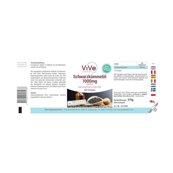 Huile de nigelle 1000mg - 420 gélules - 1000mg par jour - Pressée à froid - Hautement dosée - Avec de lacide linolénique pré