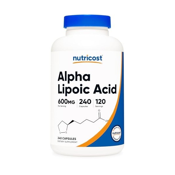 Nutricost Acide alpha-lipoïque 600 mg par portion, 240 gélules – Sans gluten, gélules végétariennes, sans soja et sans OGM