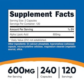 Nutricost Acide alpha-lipoïque 600 mg par portion, 240 gélules – Sans gluten, gélules végétariennes, sans soja et sans OGM