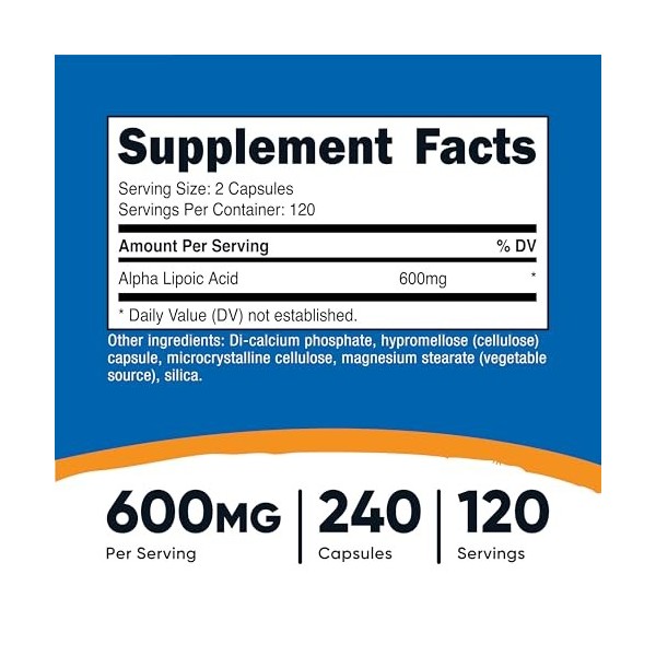 Nutricost Acide alpha-lipoïque 600 mg par portion, 240 gélules – Sans gluten, gélules végétariennes, sans soja et sans OGM