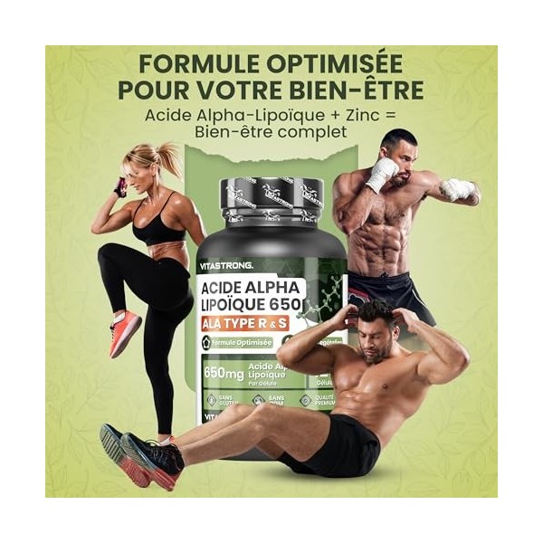 Acide Alpha-Lipoïque avec Oxyde de Zinc 650mg, Formule Optimisée d’Alpha Lipoic Acide Type R & S, Acide R Alpha Lipoique ALA 