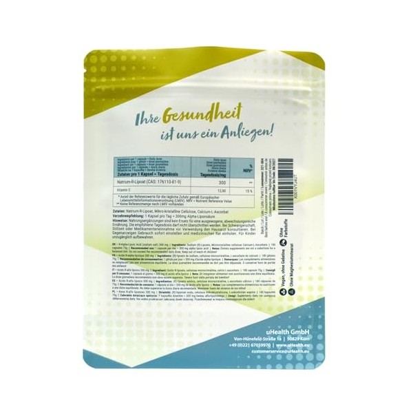 Acide R-alpha-lipoïque 300mg 180 gélules 76g - Avec Vitamine C