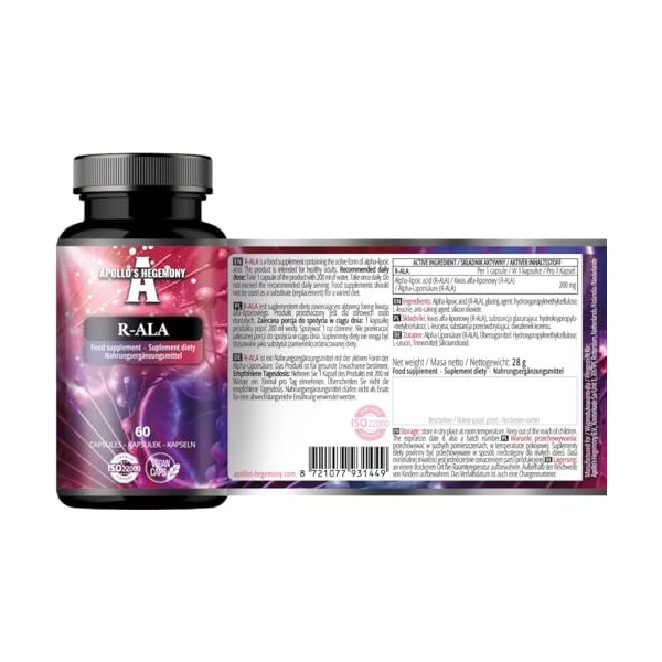 R-Alpha Lipoic Acid 200 mg par gélule - 60 gélules végétaliennes - 2 mois dapprovisionnement - Soutient le métabolisme du gl