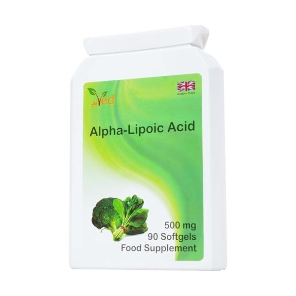 Acide alpha-lipoïque Ved | Sans OGM, sans gluten | Aide à maintenir le niveau de sucre dans le sang | 500 mg, 90 gélules paq