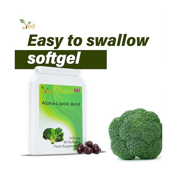 Acide alpha-lipoïque Ved | Sans OGM, sans gluten | Aide à maintenir le niveau de sucre dans le sang | 500 mg, 90 gélules paq