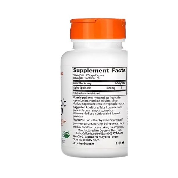 Doctors Best - Acide alpha-lipoïque | 600 mg - 60 gélules végétaliennes aux propriétés antioxydantes