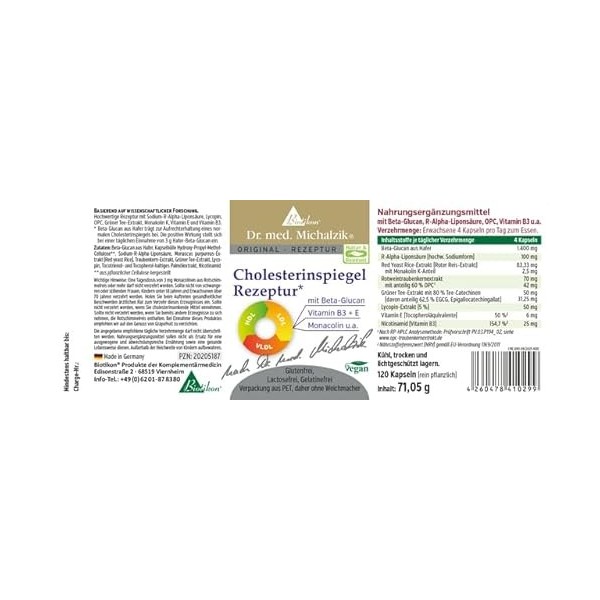 Cholestérol Regulat Dr. med. Michalzik - 120 gélules - Acide lipoïque r-alpha sodium, lycopène, extrait de thé vert, monacoli