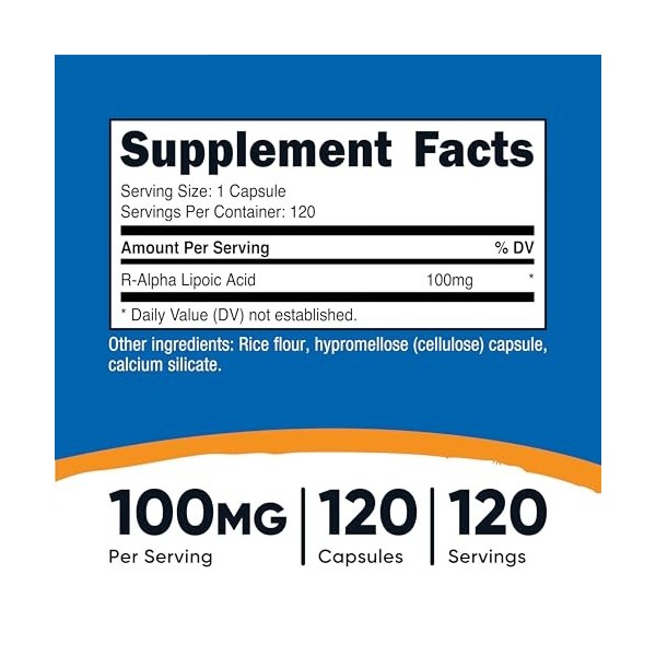 Nutricost Acide lipoïque R-Alpha 100 mg, 120 gélules – Capsules végétariennes, sans OGM, sans gluten