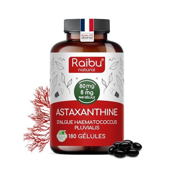 Astaxanthine Pure Végane - 80 mg équivalent à 8 mg d’astaxanthine de l’algue Haematococcus pluvialis - 180 Gélules : Cure d