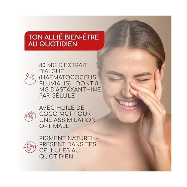 Astaxanthine Pure Végane - 80 mg équivalent à 8 mg d’astaxanthine de l’algue Haematococcus pluvialis - 180 Gélules : Cure d