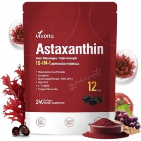 VivoNu Astaxanthine 12 mg, 240 Gélules pour 4 Mois | Complément Antioxydant Premium | Source de Microalgues Fraîches | Sans A...