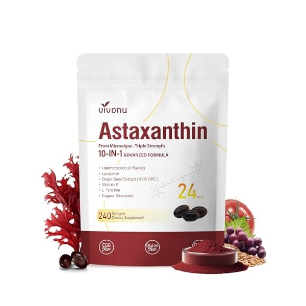 VivoNu Astaxanthine 12 mg, 240 Gélules pour 4 Mois | Complément Antioxydant Premium | Source de Microalgues Fraîches | Sans A...