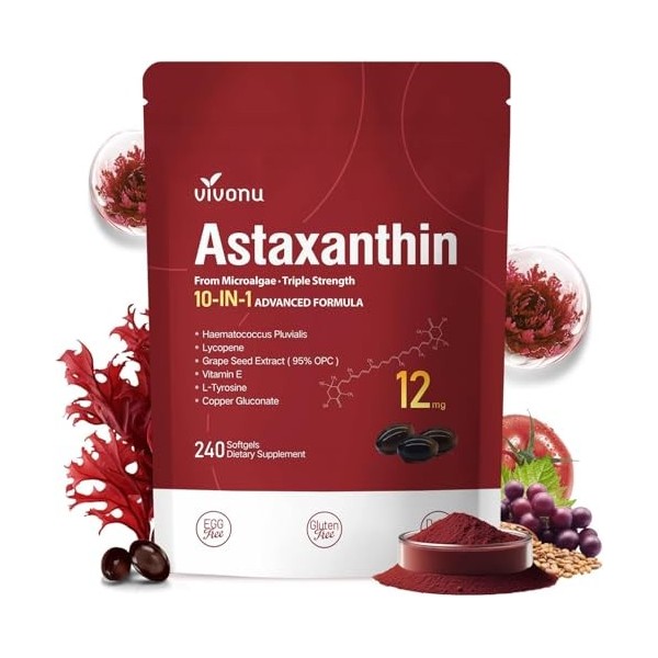 VivoNu Astaxanthine 12 mg, 240 Gélules pour 4 Mois | Complément Antioxydant Premium | Source de Microalgues Fraîches | Sans A...