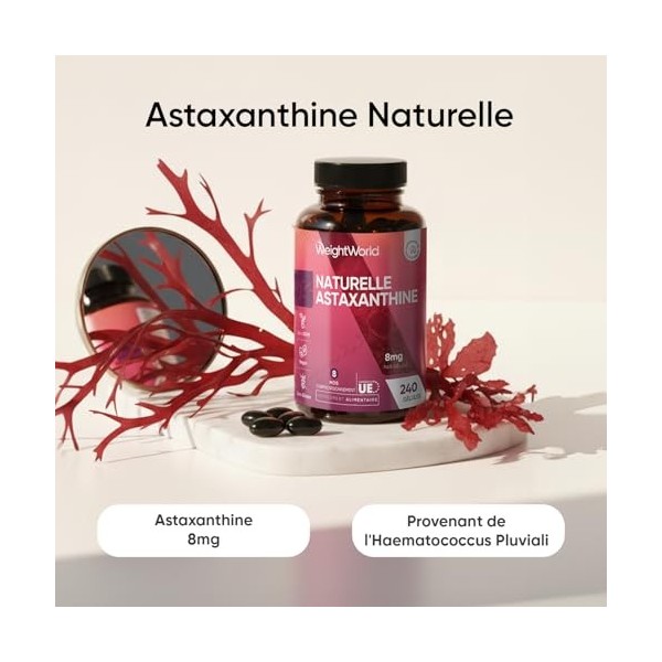 Astaxanthine Naturelle, 240 Gélules Molles Vegan pour 8 Mois, Issue dAlgue Marine Haematococcus Pluvialis Astaxanthine Vegan