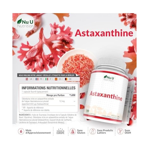 Astaxanthine 12mg - 180 Softgels de Forte Puissance - Approvisionnement 6 Mois - Supplément Antioxydant Puissant - Astaxanthi