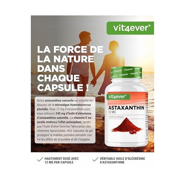 Astaxanthine 12 mg - 150 capsules softgel réserve de 10 mois - Premium : véritable astaxanthine issue de micro-algue Haemat A...