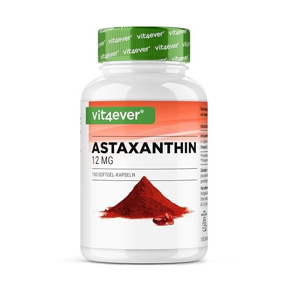 Astaxanthine 12 mg - 150 capsules softgel réserve de 10 mois - Premium : véritable astaxanthine issue de micro-algue Haemat A...