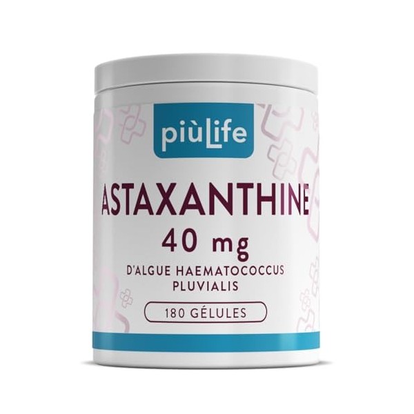 Astaxanthine Pure à Haute Dose PiùLife, 40 mg de Haematococcus Pluvialis, 2 mg d’Astaxanthine Naturelle Biodisponible, Complé...