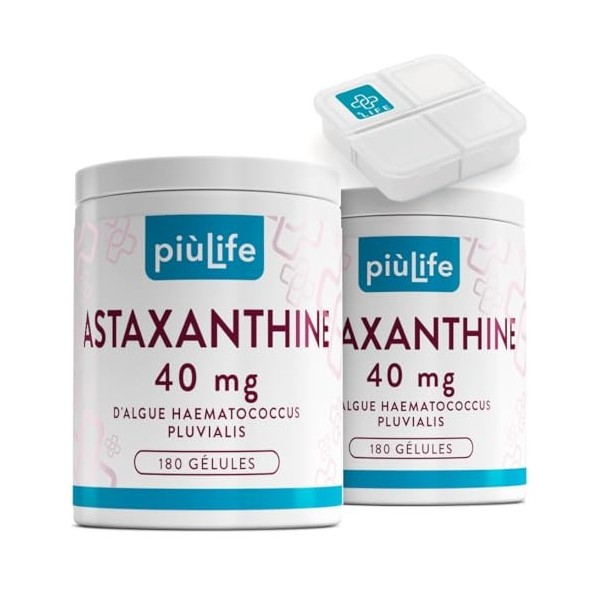 Astaxanthine Pure à Haute Dose PiùLife, 40 mg de Haematococcus Pluvialis, 2 mg d’Astaxanthine Naturelle Biodisponible, Complé...